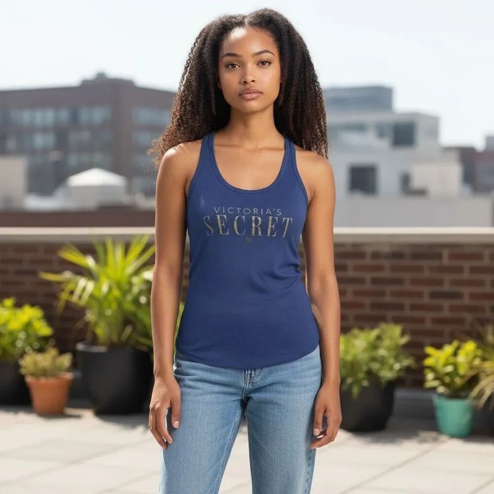 Victoria secret Solid Blue Gold writing criss cross back sleeveless tank top S